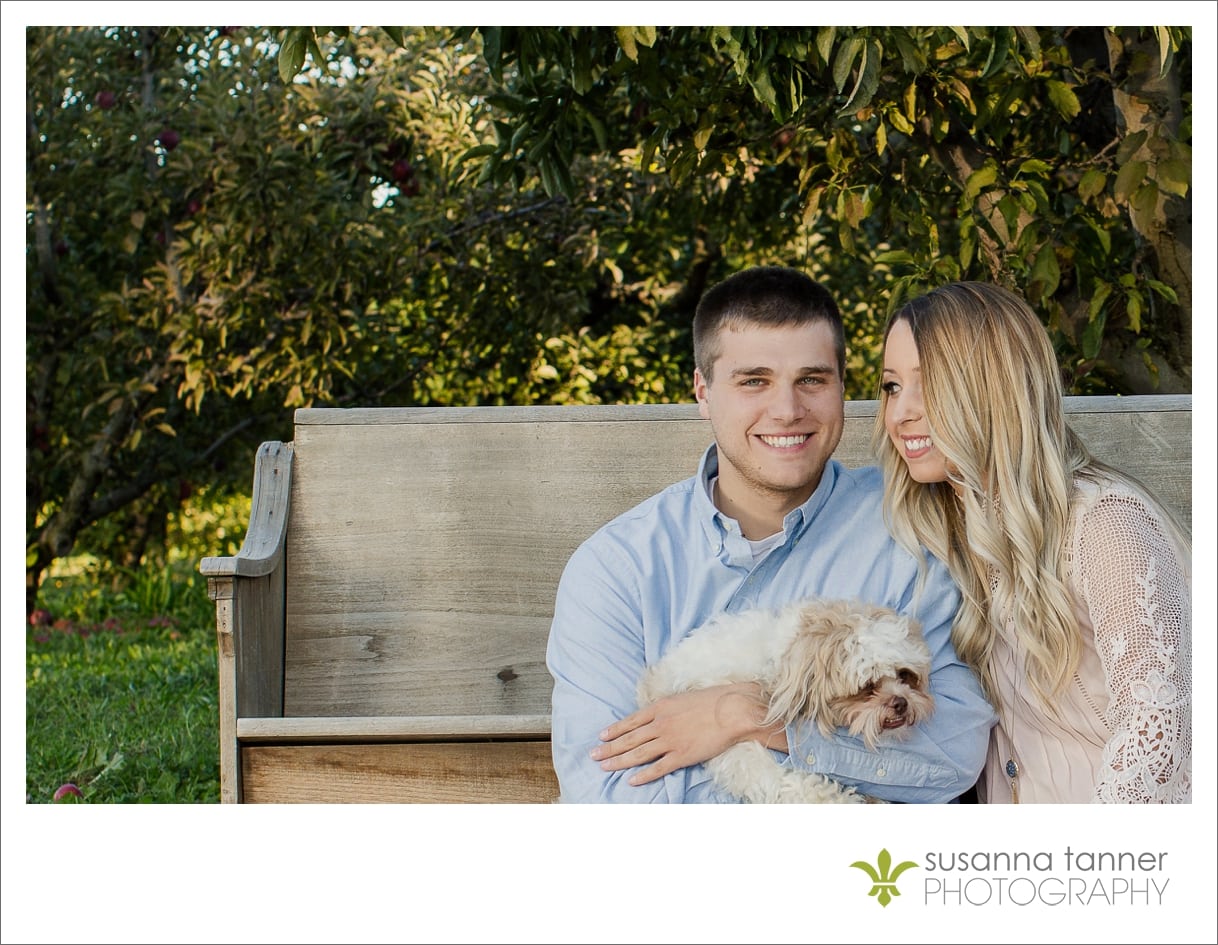 Vintage Chic Orchard Engagement Photography, couple holding their dog