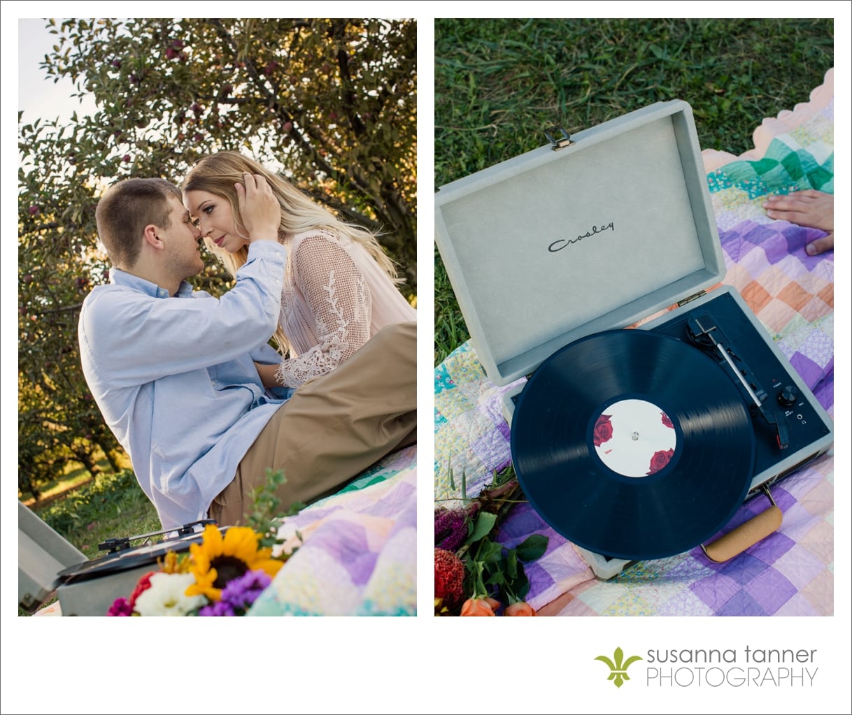 Vintage Chic Orchard Engagement Photography, vintage record player