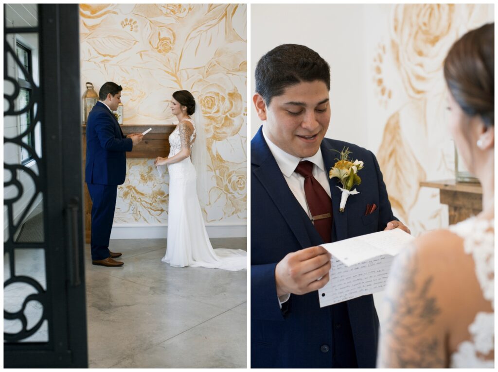 The Wilds Wedding Venue, Bloomington, Indiana, groom reading vows/letter to bride