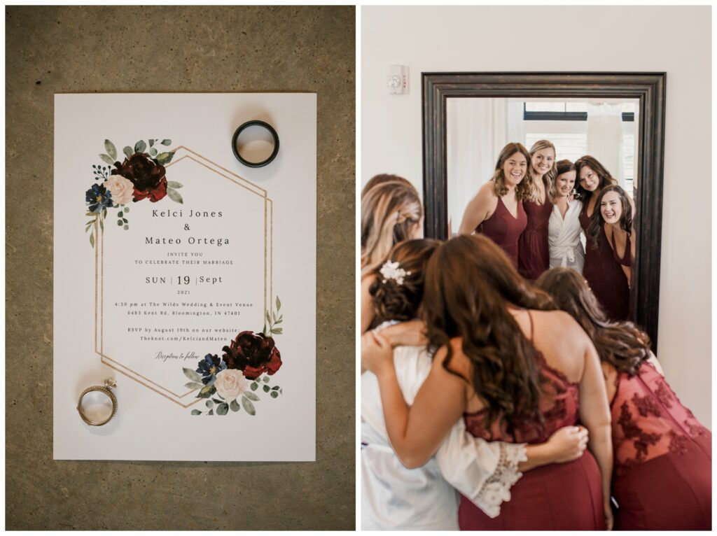 The Wilds Wedding Venue, Bloomington, Indiana, wedding invitation and bridesmaids looking into mirror with bride