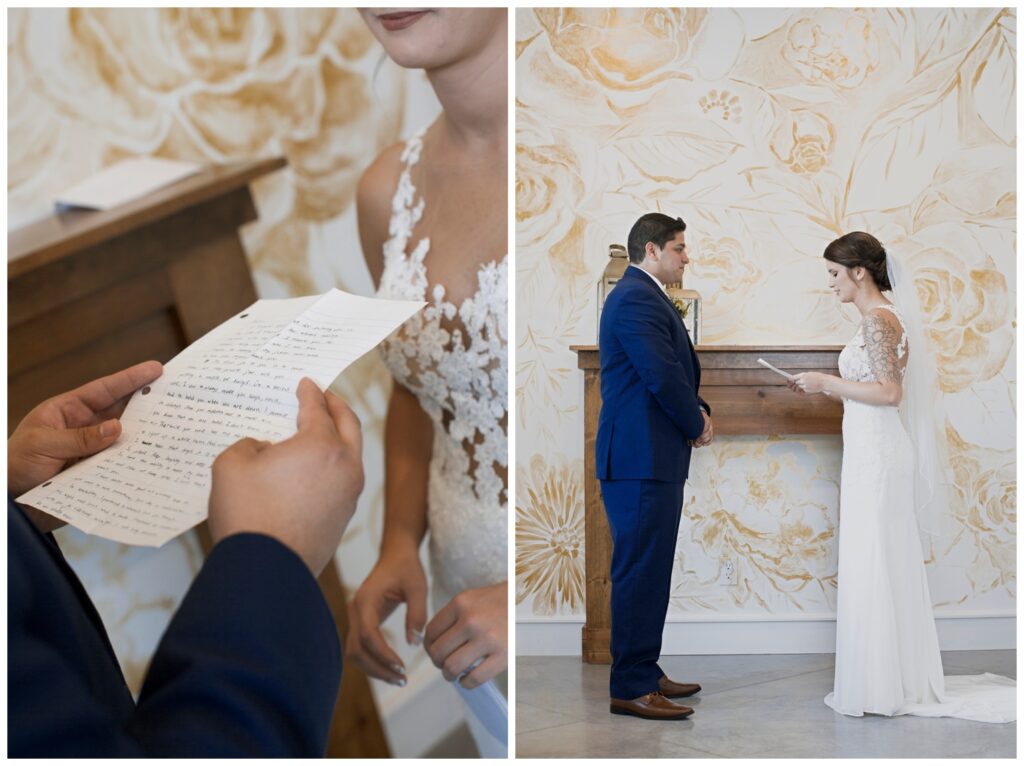 The Wilds Wedding Venue, Bloomington, Indiana, couple reading letters/vows to each other privately
