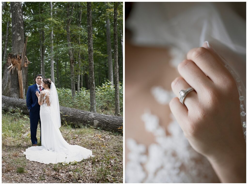 bride and groom in the woods at The Wilds Wedding Venue, Bloomington, Indiana, bridal wedding ring