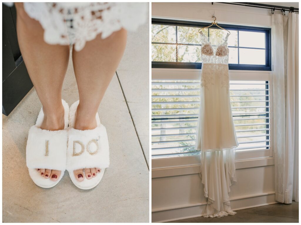 The Wilds Wedding Venue, Bloomington, Indiana, wedding dress hanging in window, bridal slippers