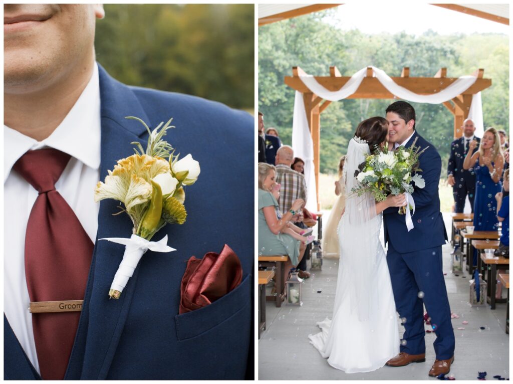 groom boutonniere, groom kissing bride after being married