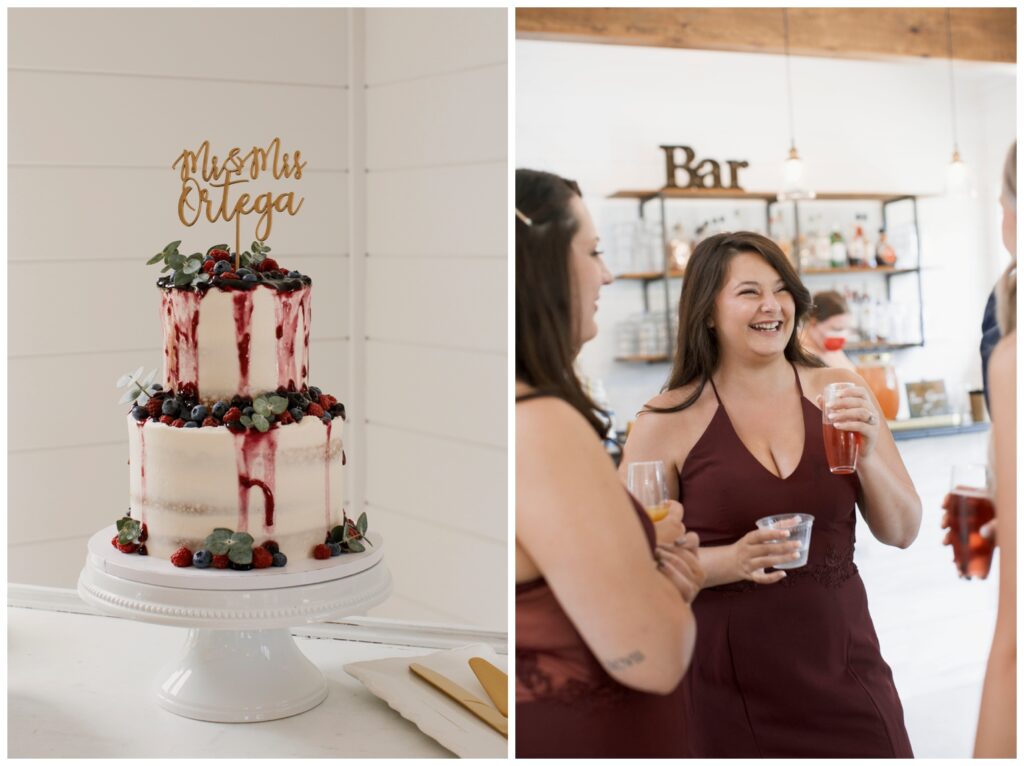The Wilds Wedding Venue, Bloomington, Indiana, wedding cake, wedding party enjoying drinks