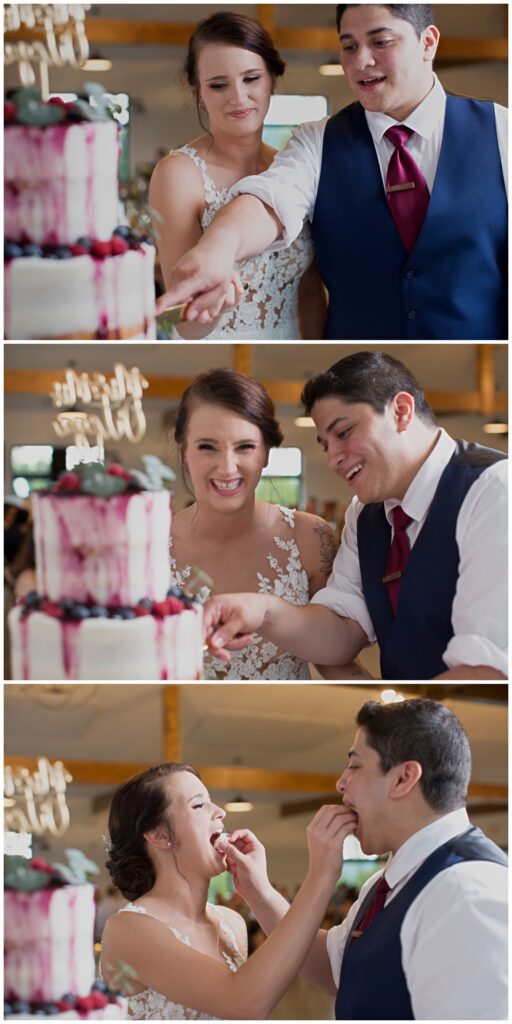 bride and groom cutting their cake at The Wilds Wedding Venue, Bloomington, Indiana