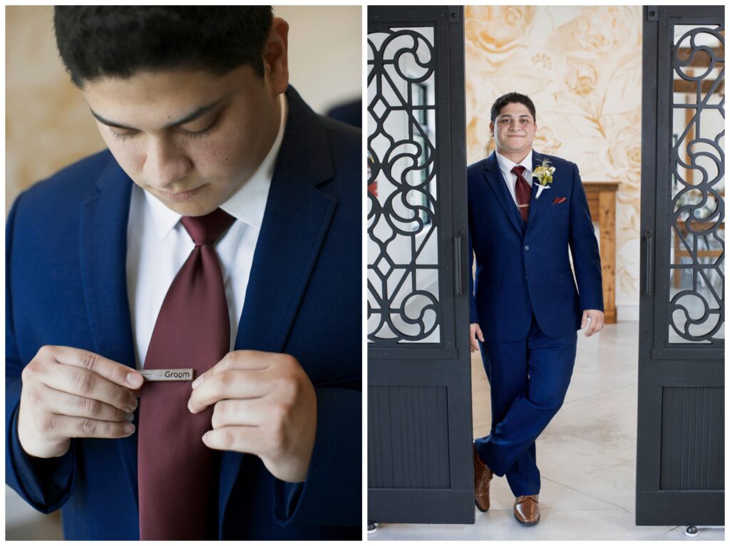 The Wilds Wedding Venue, Bloomington, Indiana, groom putting on tie clip
