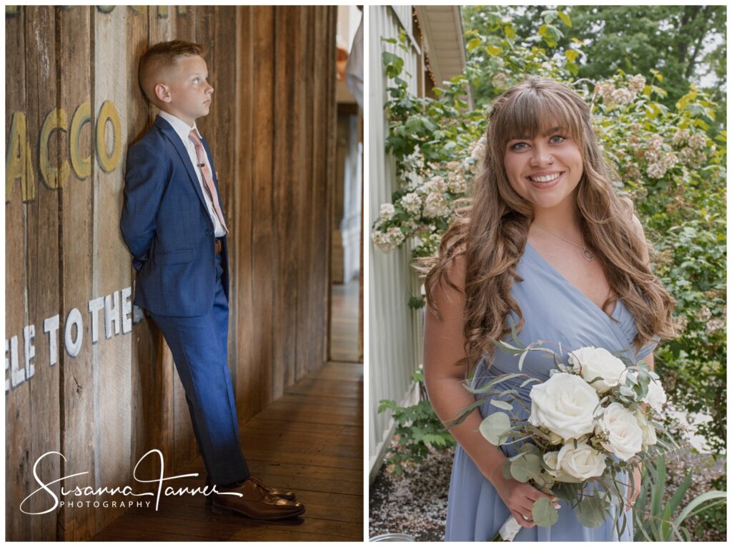 Ring bearer, bridesmaid in blue dress with white flowers