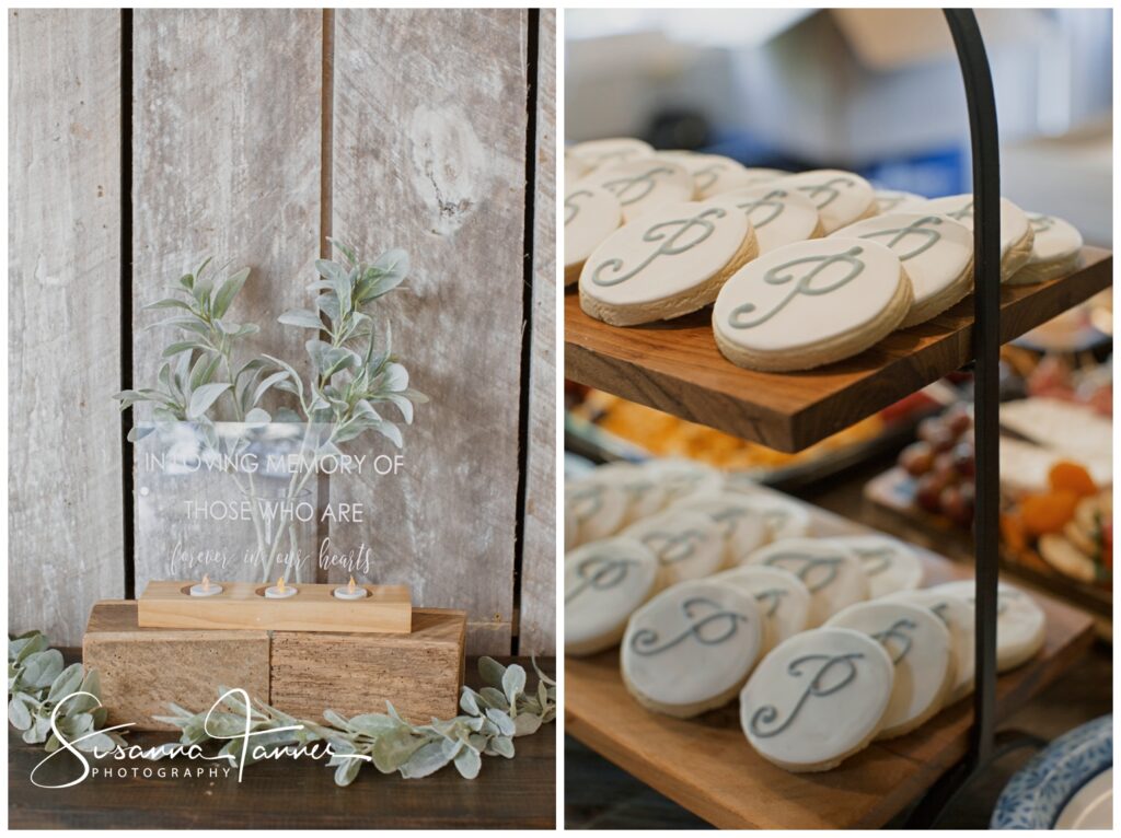 Laurel Mill Barn Wedding, Bloomington Indiana, cookies with last name initial and memorial centerpiece