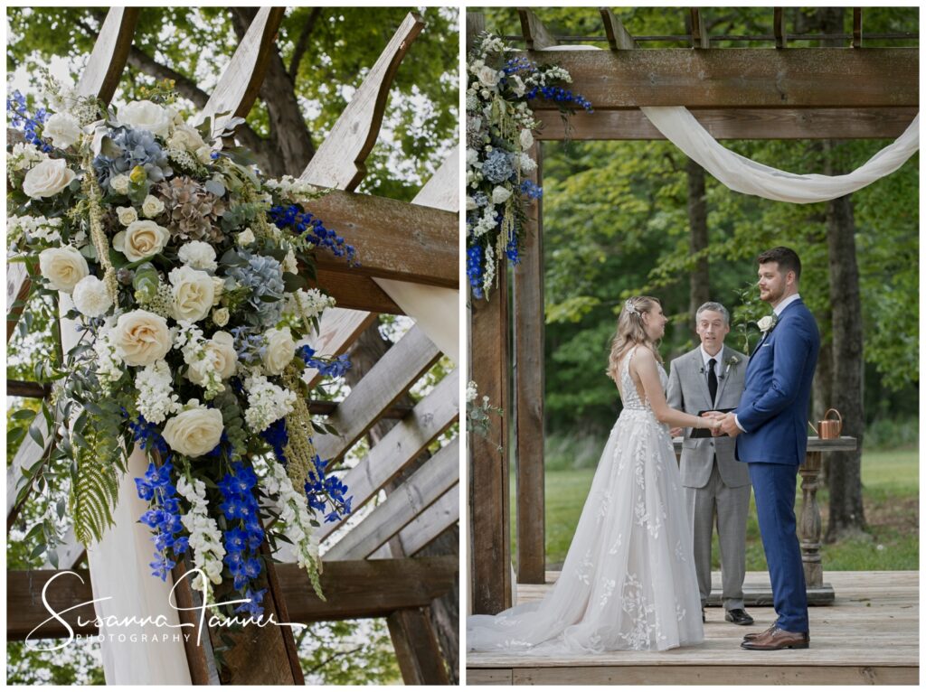 Bride and groom holding hands during vowsm close up of floral arrangement hanging from pergola