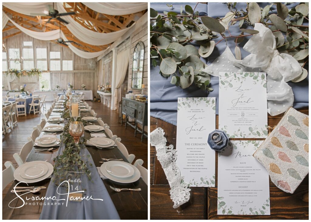 Laurel Mill Barn wedding, table setting details and invitation details