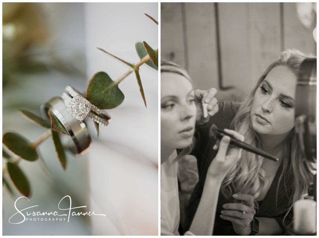 Close up of wedding rings, and bride putting on make up in bridal suite