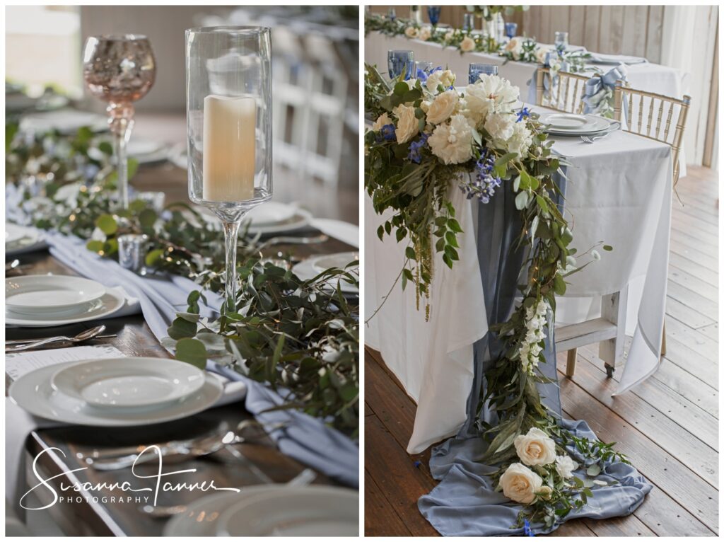 Laurel Mill reception details with flowers and plates