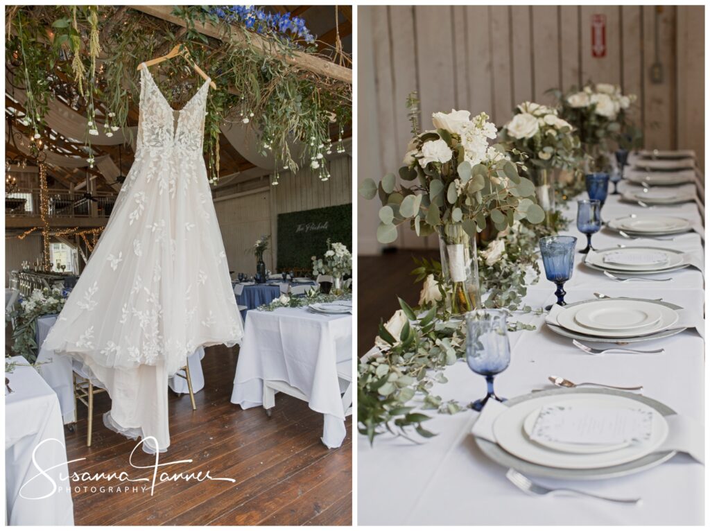 bridal gown swinging in wind, and table setting details