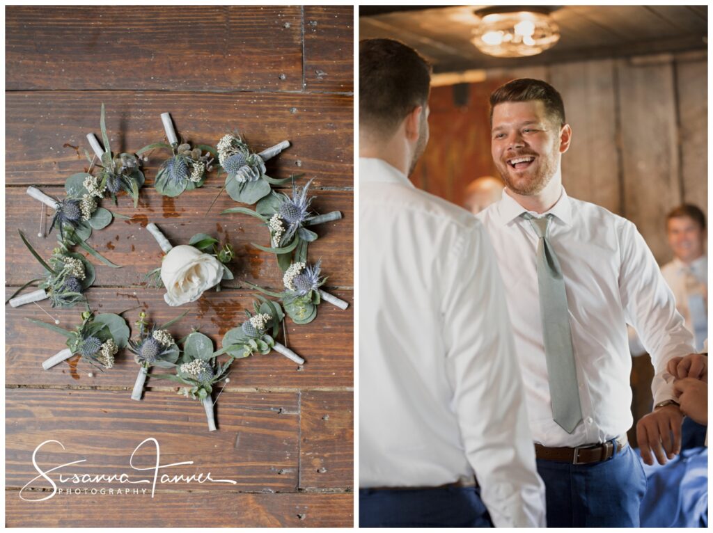 Broom laughing with a groomsman, boutonnieres