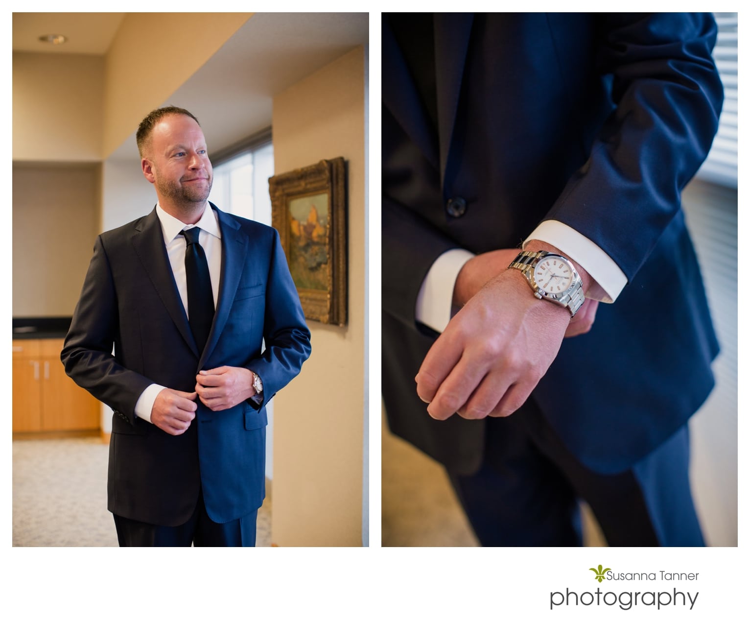 Indiana State Museum wedding photography, groom getting ready, putting on watch