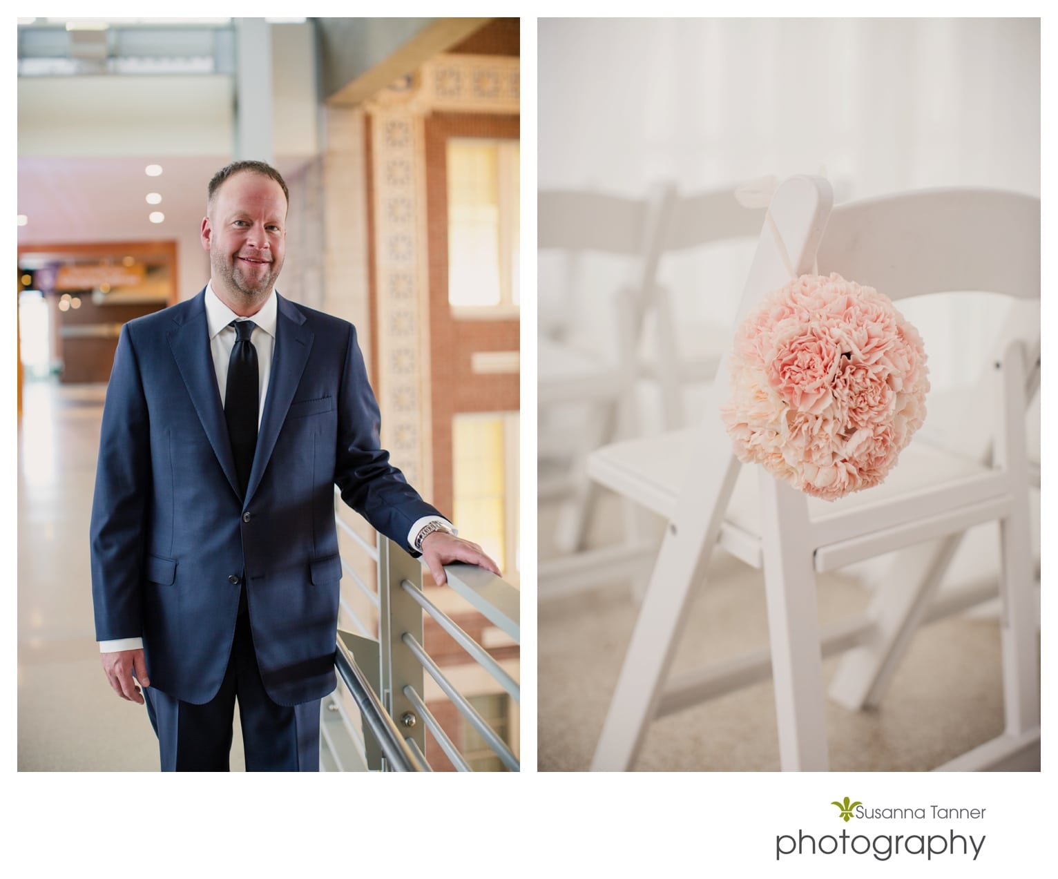 Indiana State Museum wedding photography, groom portrait and close up of flower ball on ceremony chair