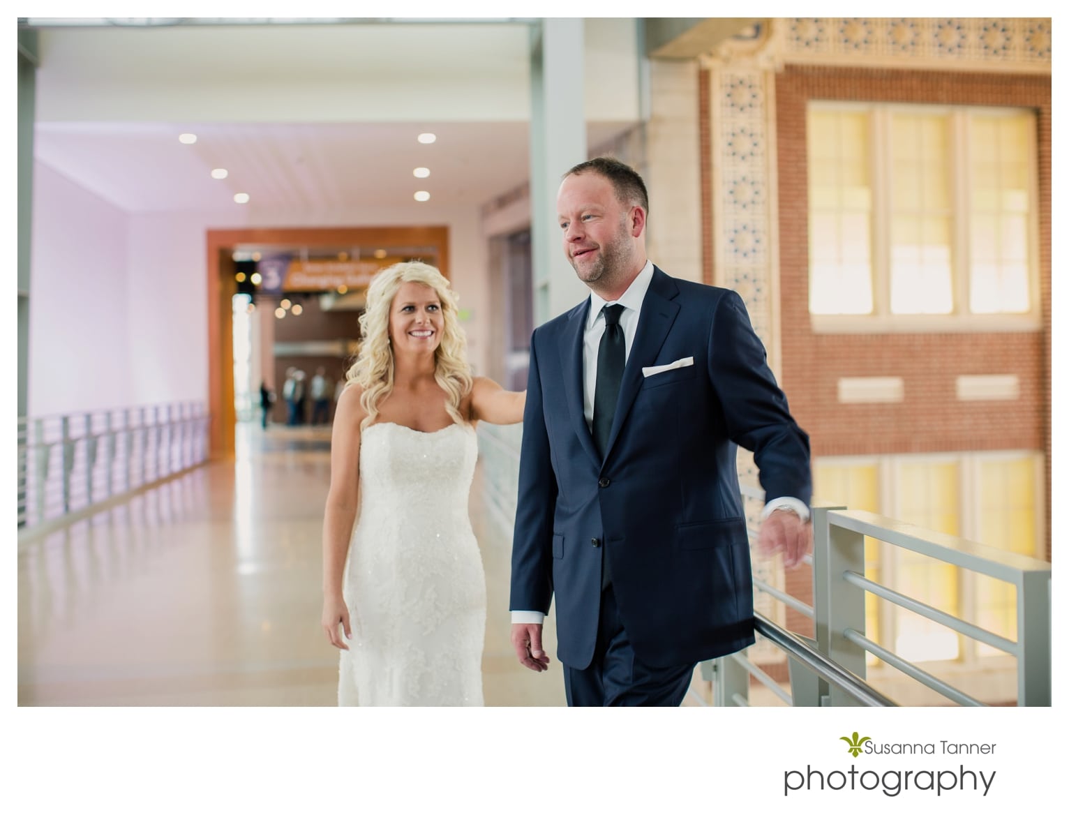 Indiana State Museum wedding photography, bride and groom first look