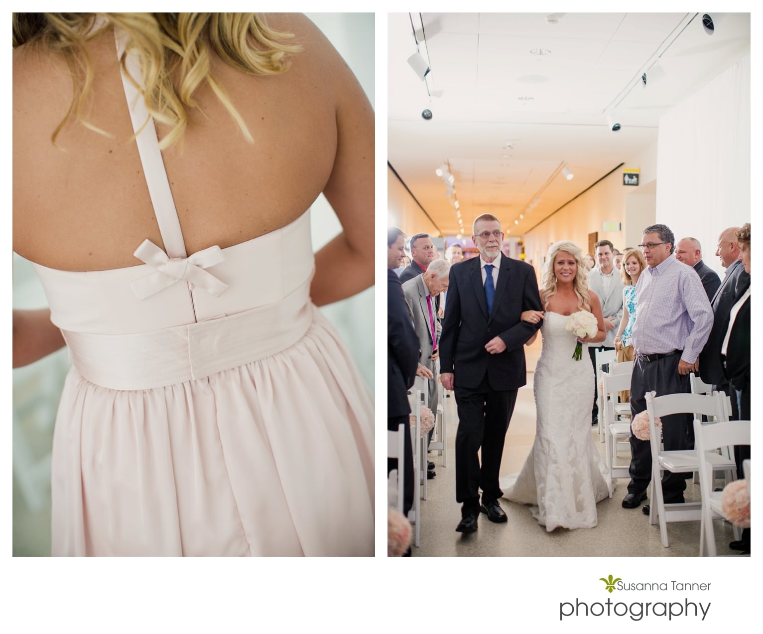 Indiana State Museum wedding photography, back of bridesmaid dress and father walking bride down aisle