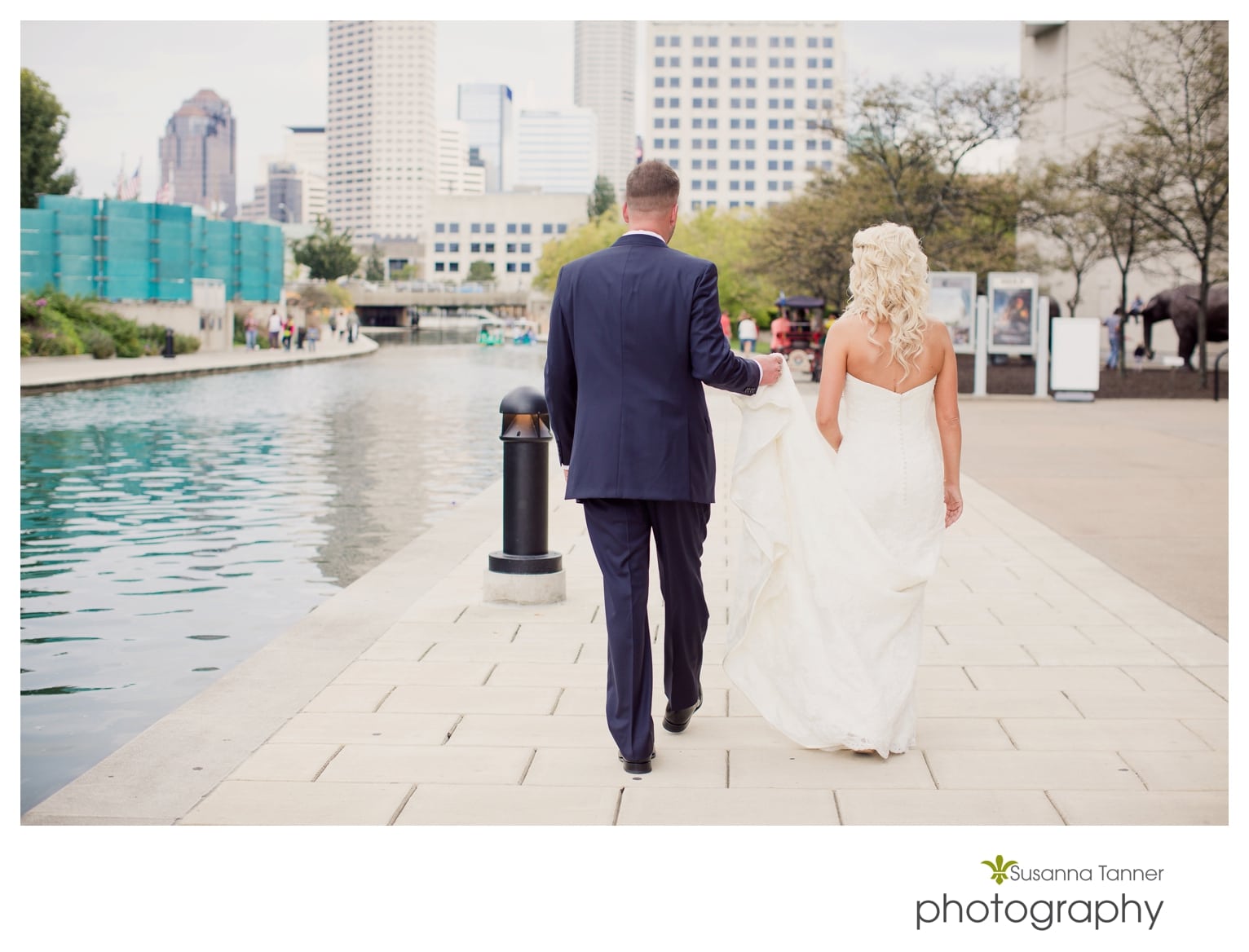 Indiana State Museum wedding photography, bride and groom on canal in downtown Indianapolis