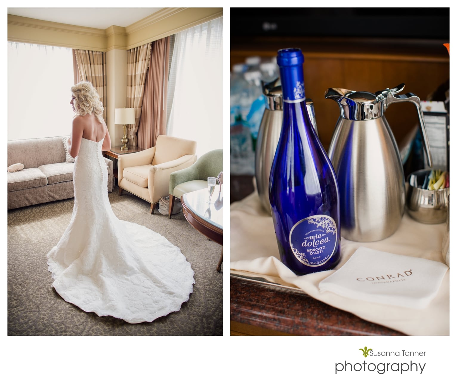 Indiana State Museum wedding photography, bride with dress and champagne