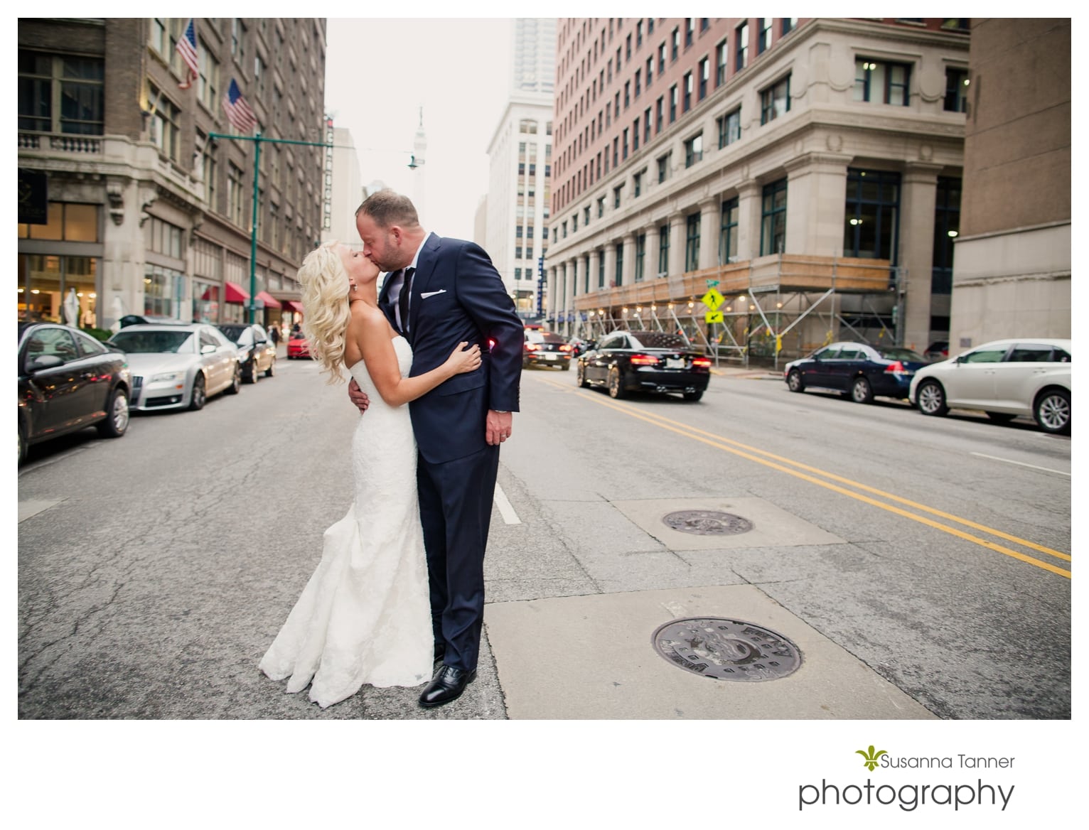 Indiana State Museum wedding photography, bride and groom in middle of street in downtown Indianapolis