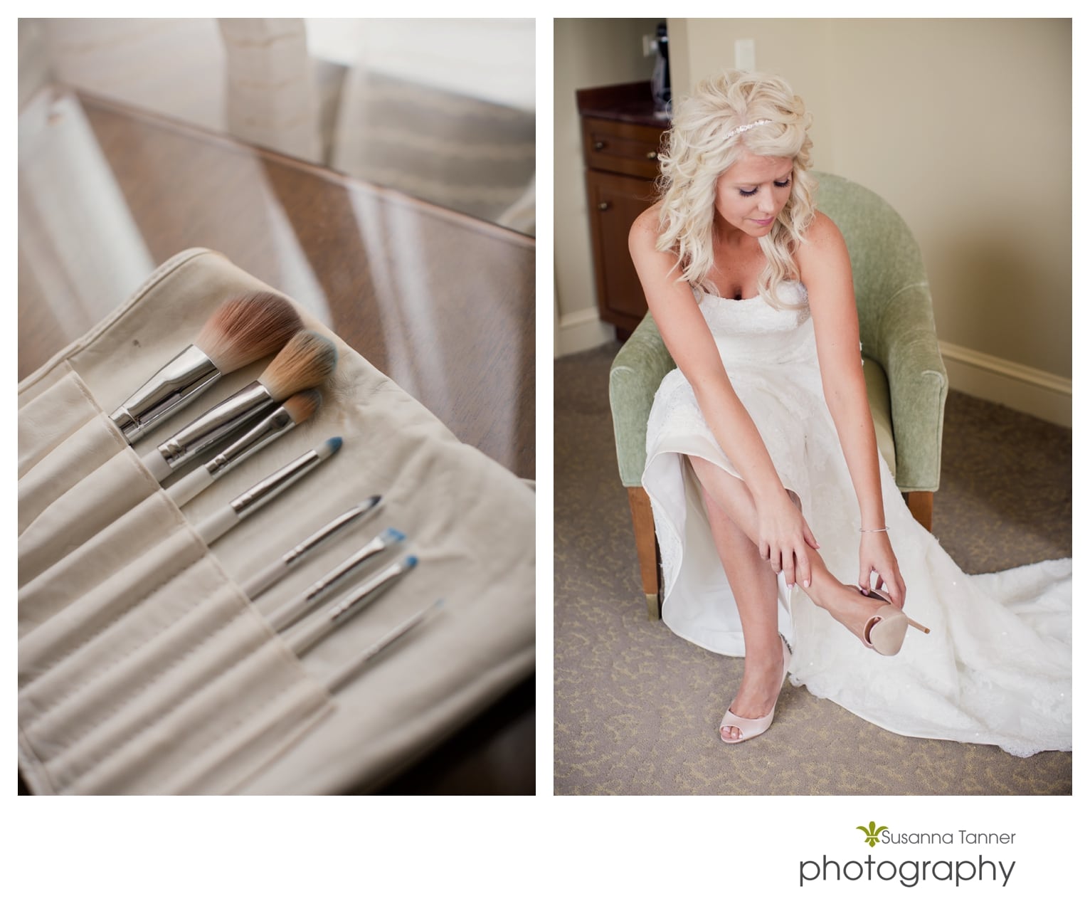 Indiana State Museum wedding photography, bride putting on shoes, make up brushes