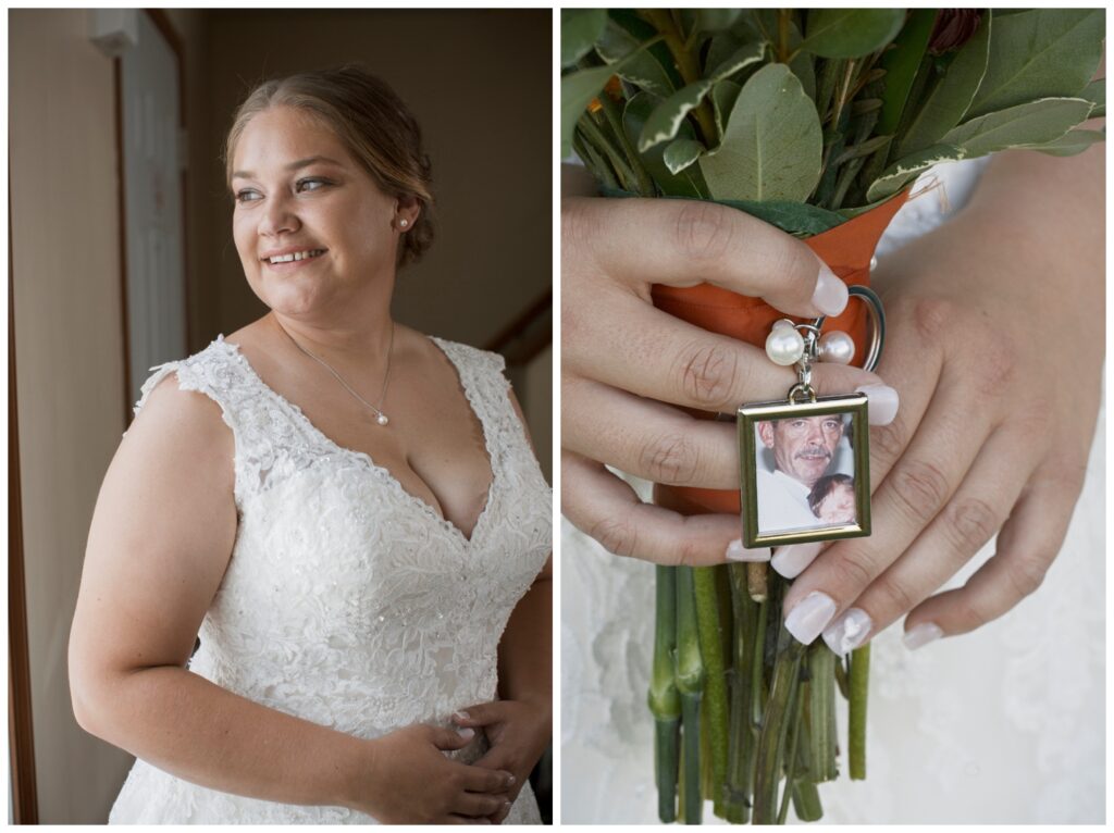 Gay wedding, west central Ohio, bride #2 pportrait, and holding bouquet wrapped with a locket photo of her grandfather