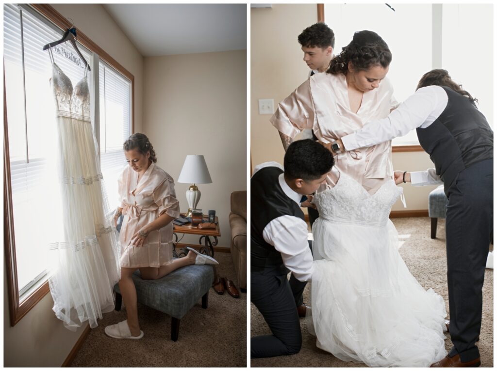 Gay wedding, west central Ohio, wedding dress hanging in window, bride #1 putting on dress