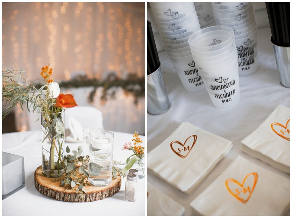 table decorations, personalized beverage glasses and napkins