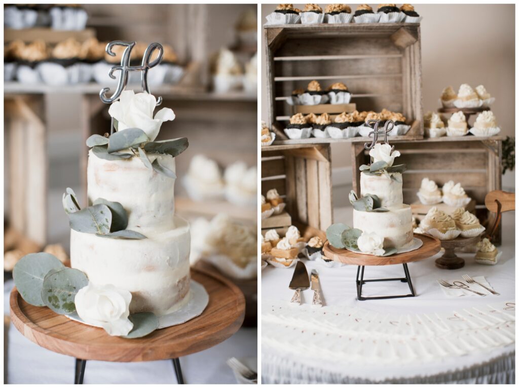 detail shot of wedding cake and other displayed desserts (cupckaes)