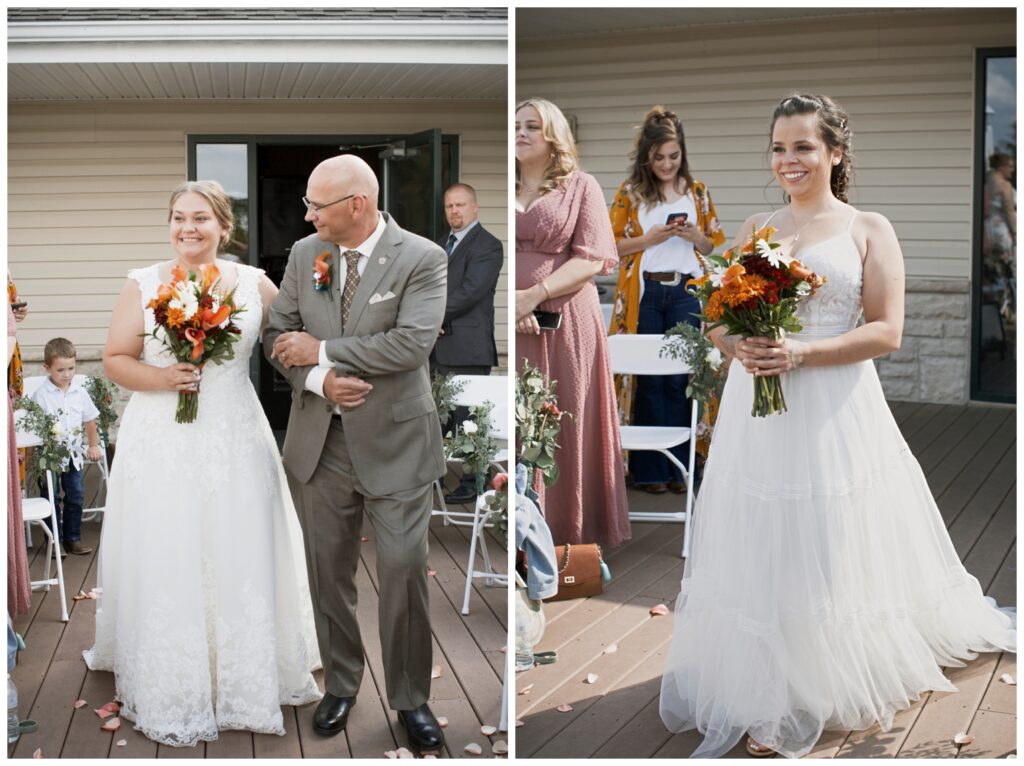 both brides walk down the aisle separately. Bride #1 father walks with her.