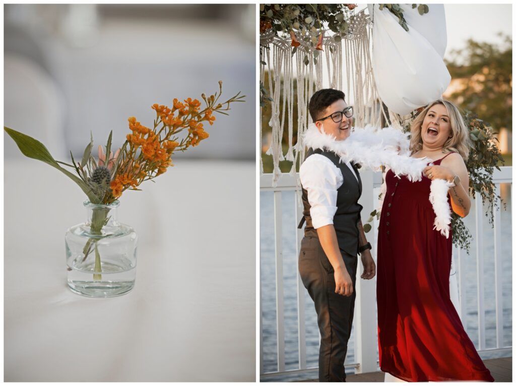 on left: table decoration at wedding recetion, on right: wedding party and guests clown around