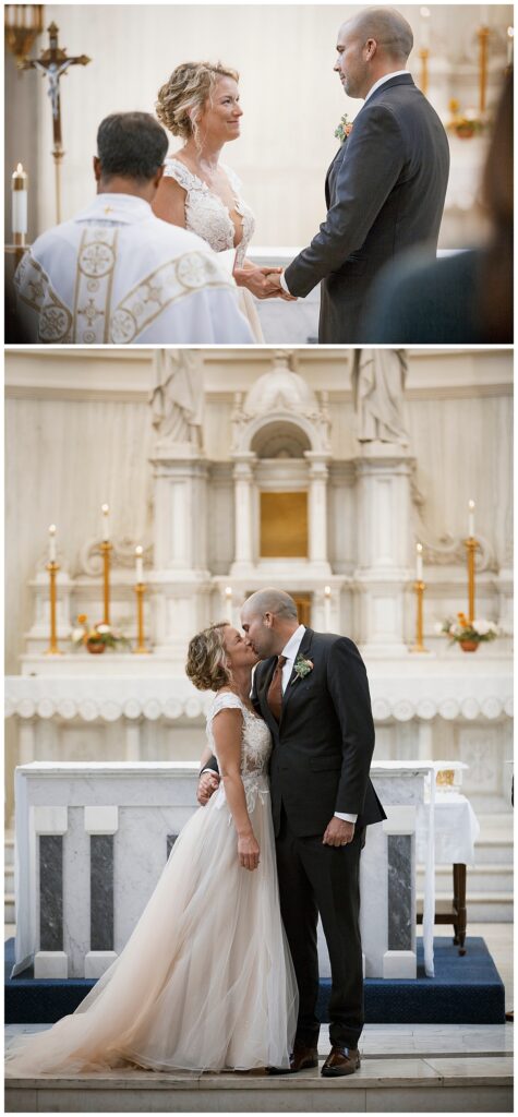 outdoor wedding venue, Richmond, IN, wedding ceremony, bride and groom kiss