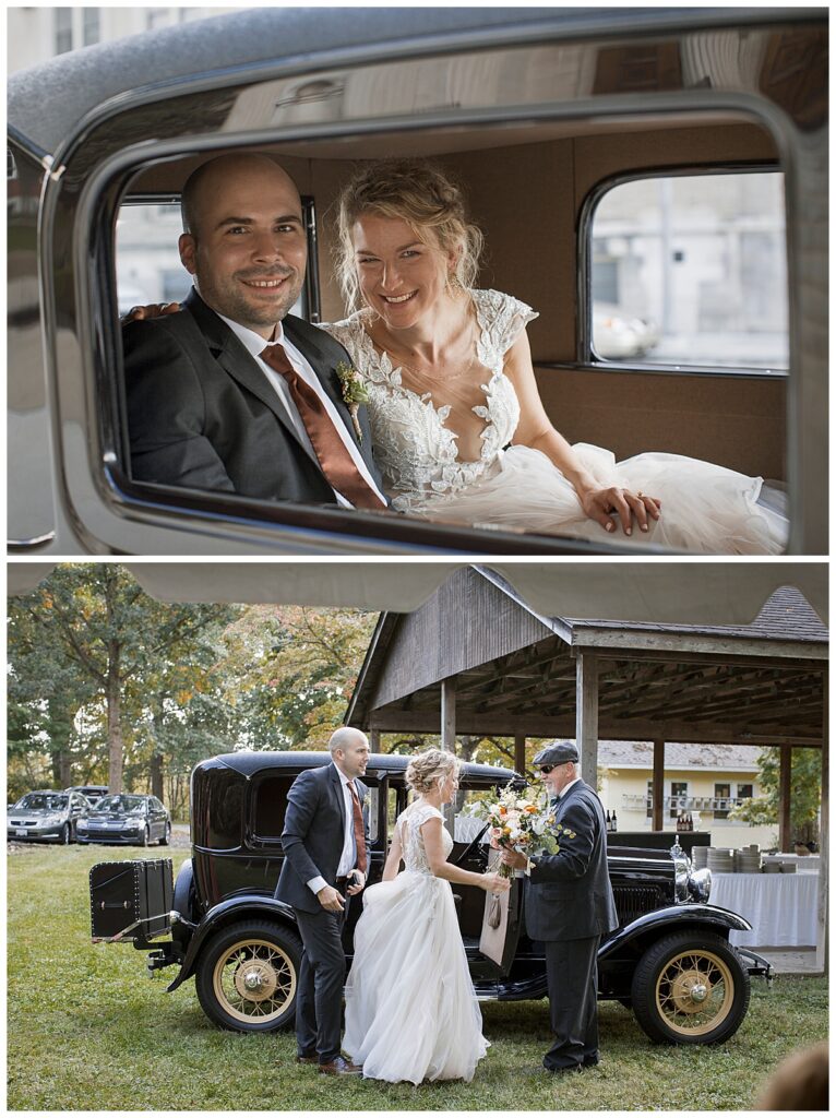 outdoor wedding venue, Richmond, IN, riding in antique car to venue