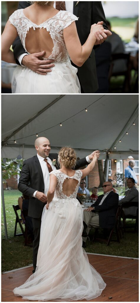bride and groom holding hands during first dance and spinning