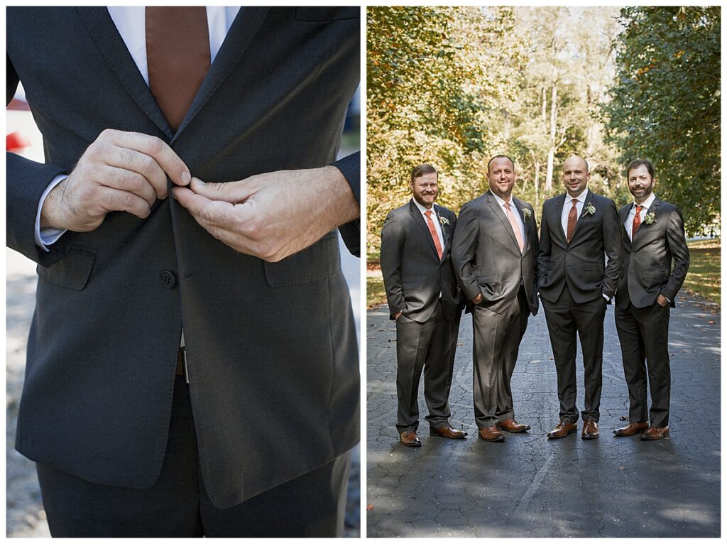 Quaker Hill outdoor wedding venue, Richmond, IN, groom buttoning jacket, groomsmen with groom