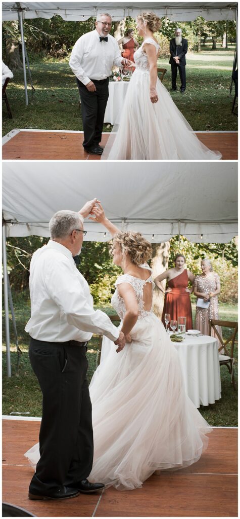 outdoor wedding venue, Richmond, IN, bride dancing with guest