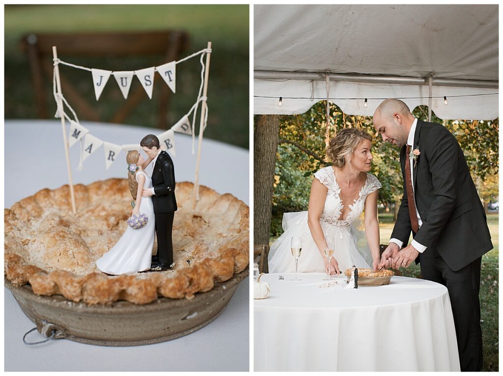 outdoor wedding venue, Richmond, IN, wedding pie and cutting the pie together